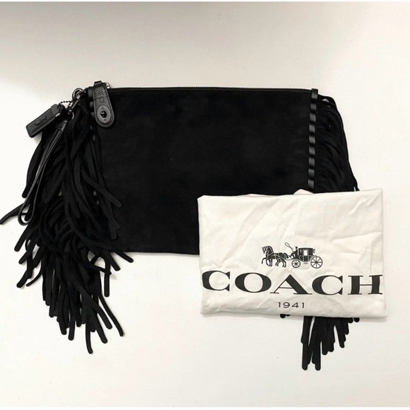 Coach Handbags - Coach 1941 Turnlock Tearose Suede Fringe Black Clutch 86840